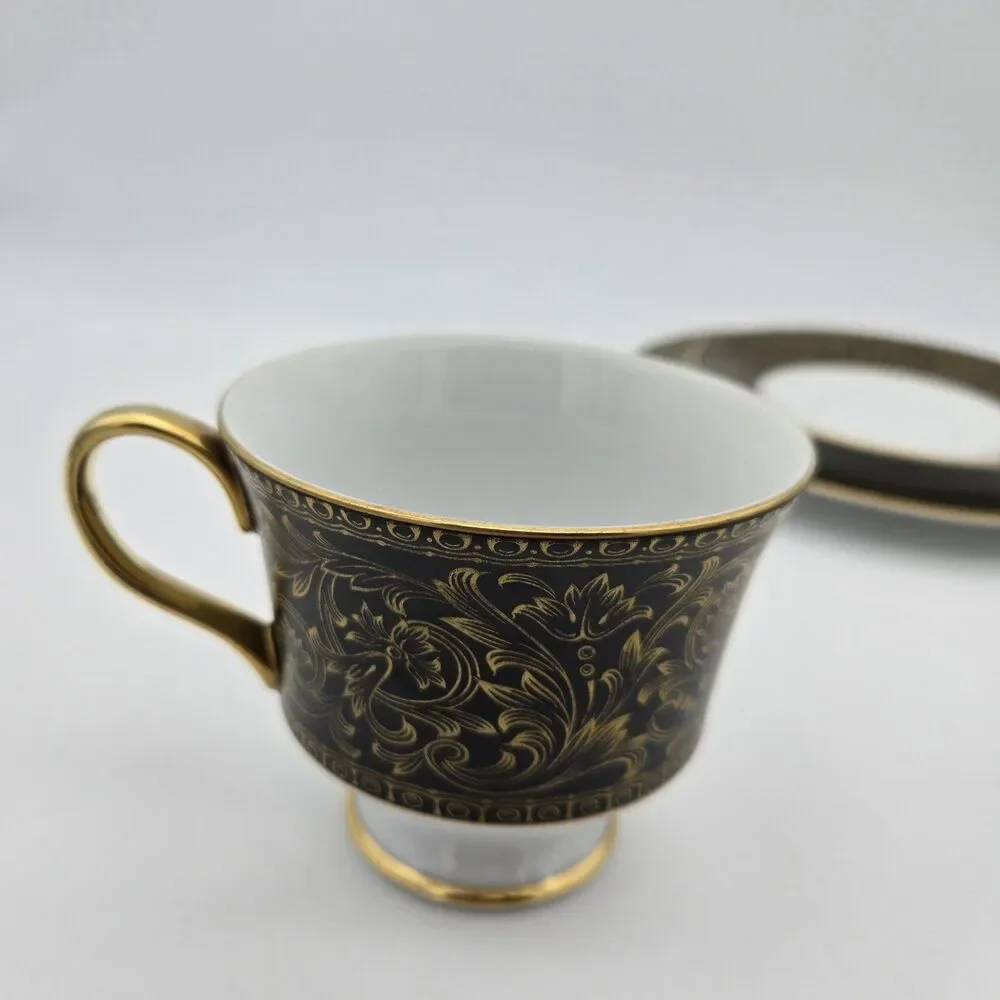 Vintage Sango Richelieu 3756 Cup Saucer Plate Set‎ Black Gold Japan